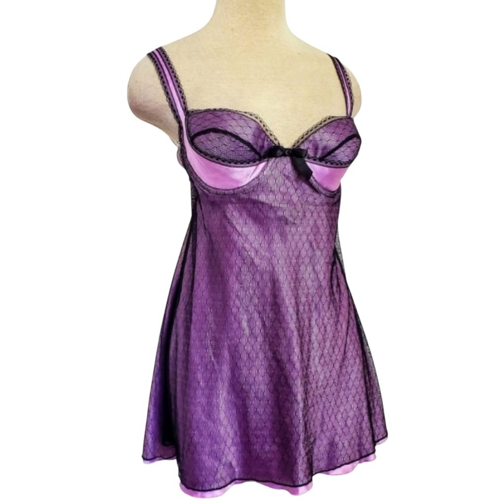 Victoria's Secret Purple & Black Babydoll Nightie Lace Lingerie Size 34B‎